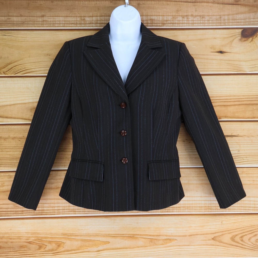 Liz Claiborne Suits Blazer‎ Jacket Womens 8P Brown Striped Shoulder Pads Pockets